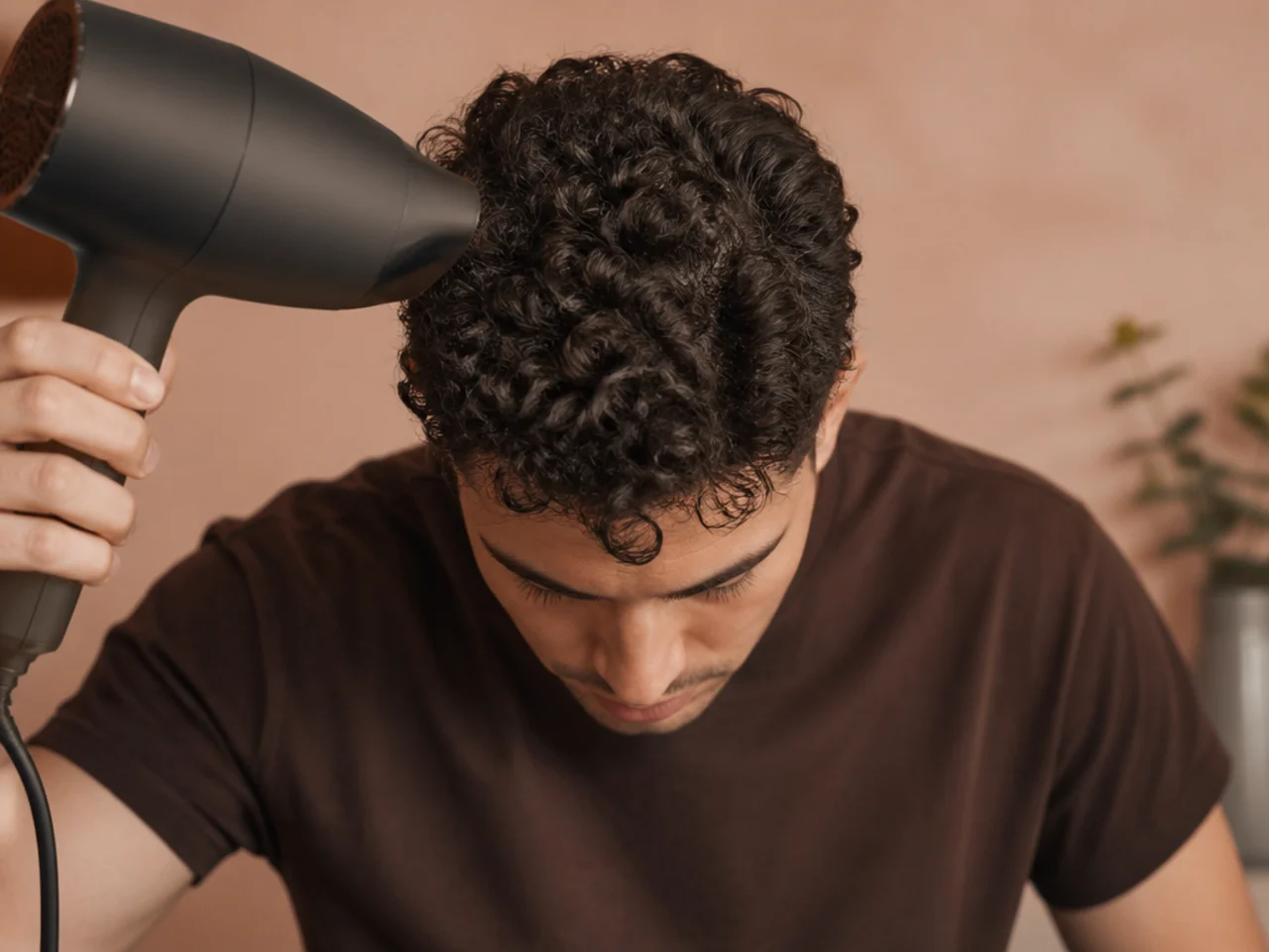A man drying his curls with his head tipped forward