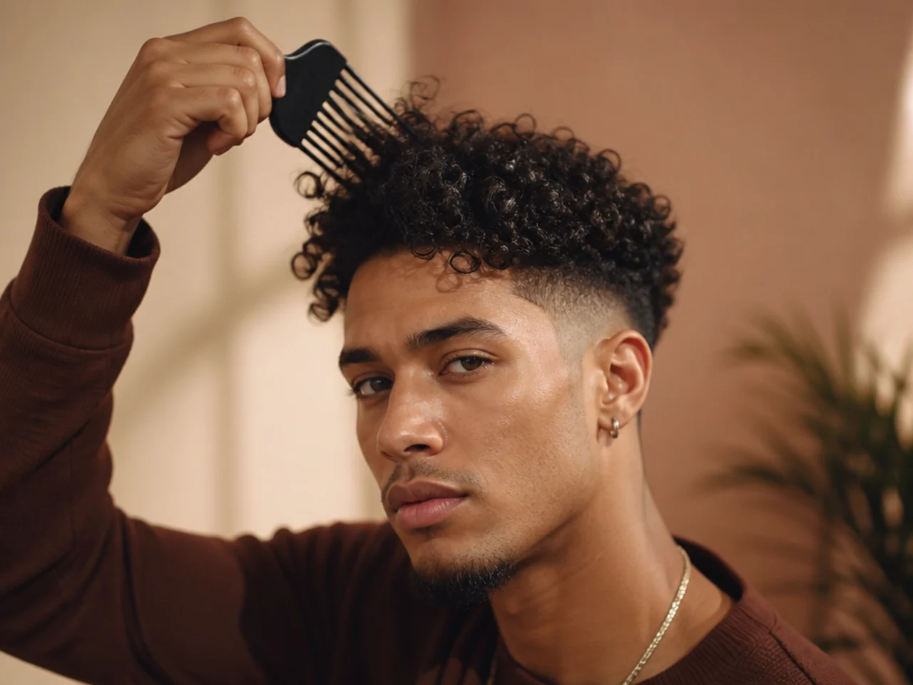 A wide pick lifting curls at the root