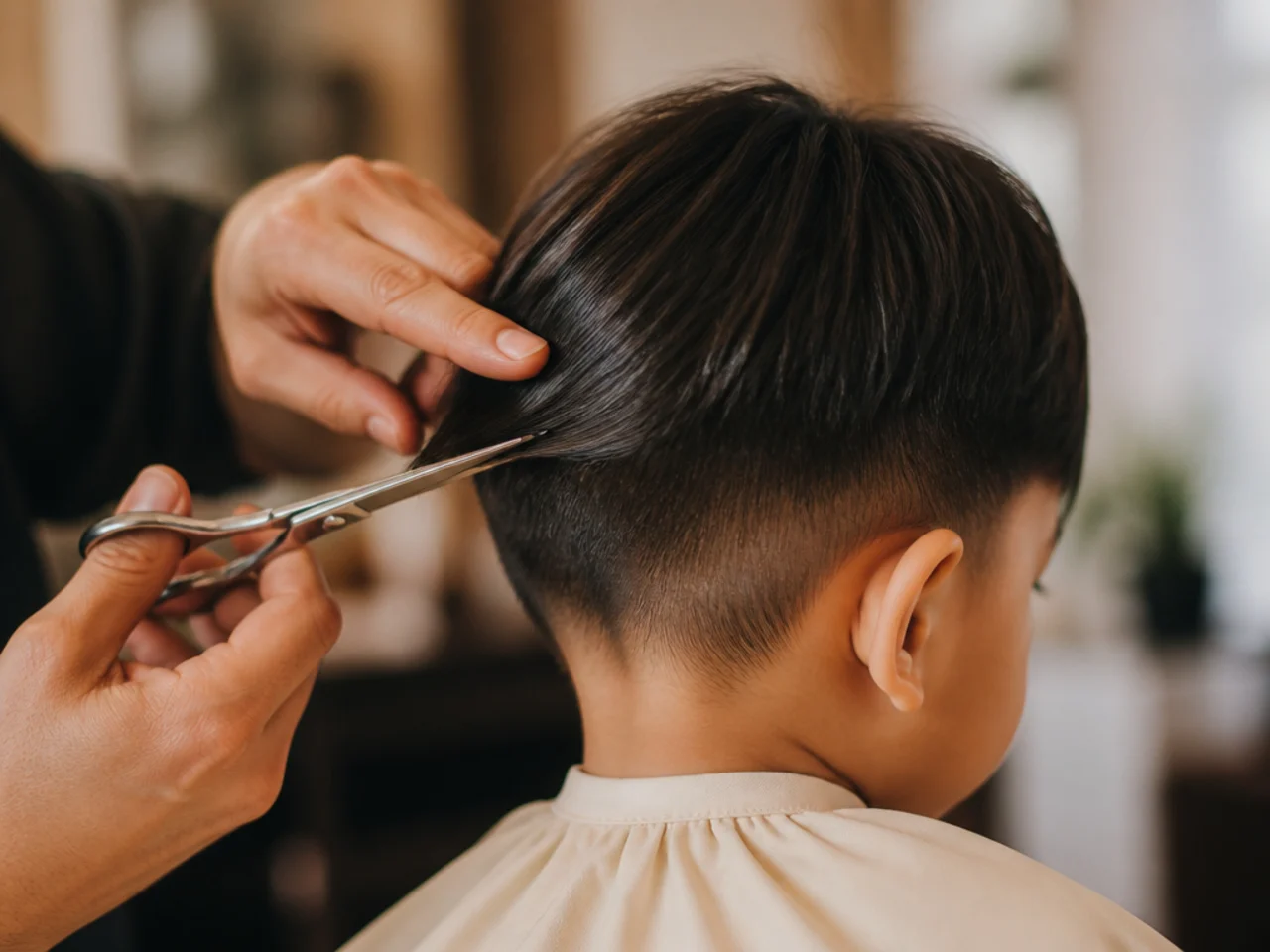 The side of a toddler's hair being cut with scissors
