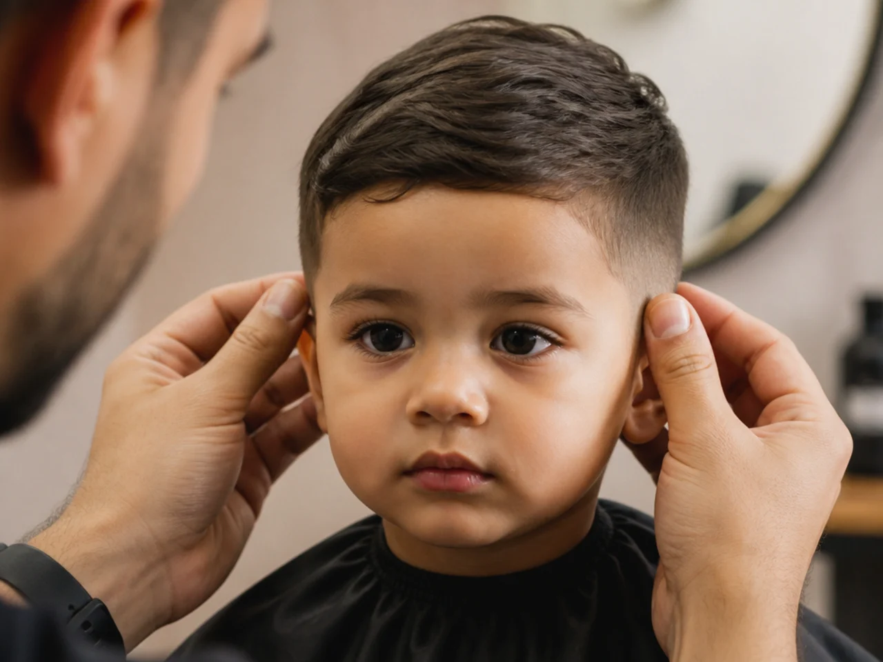 A parent checking both sides of a toddler haircut from the front