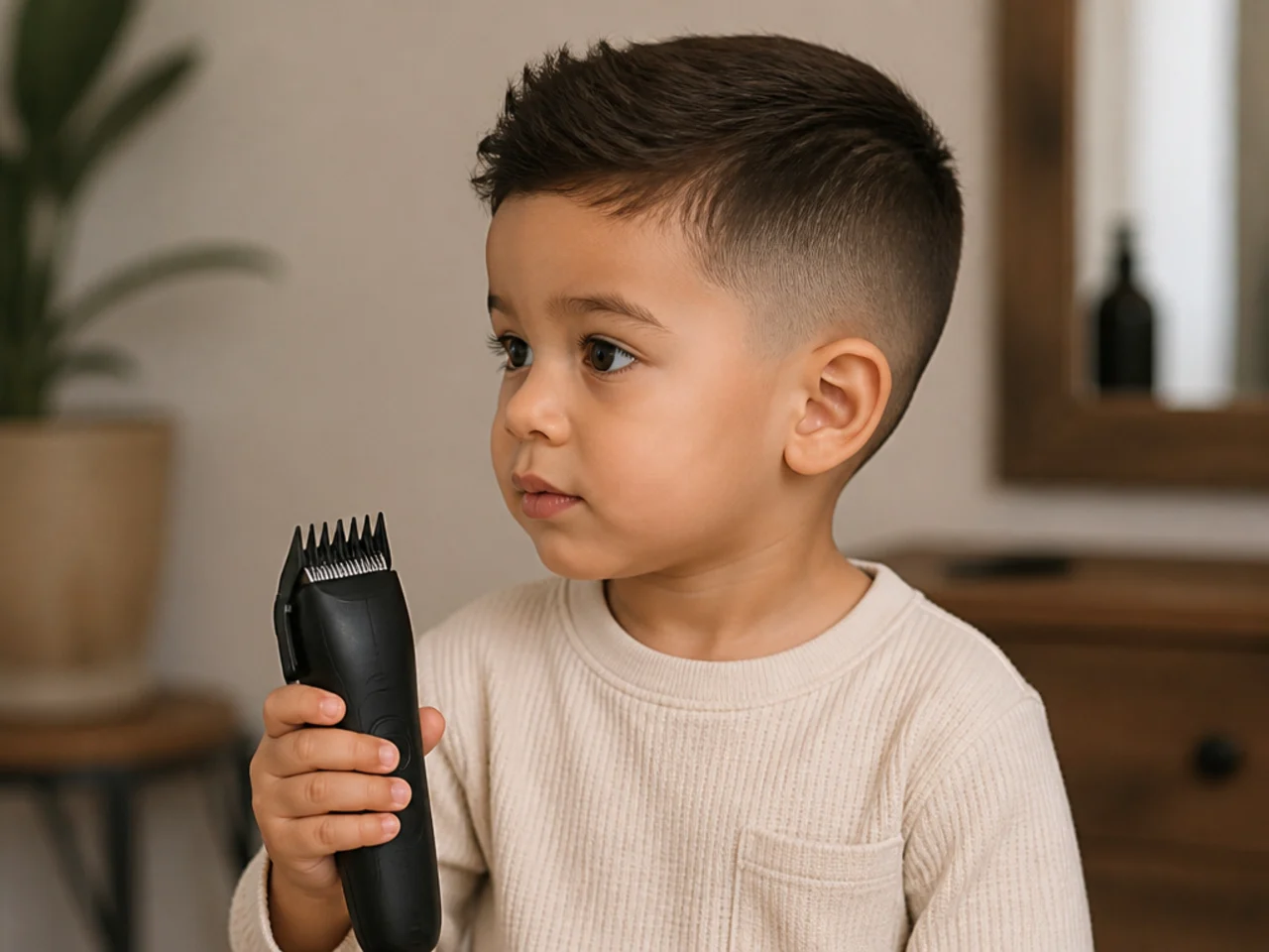 A toddler holding a switched-off clipper