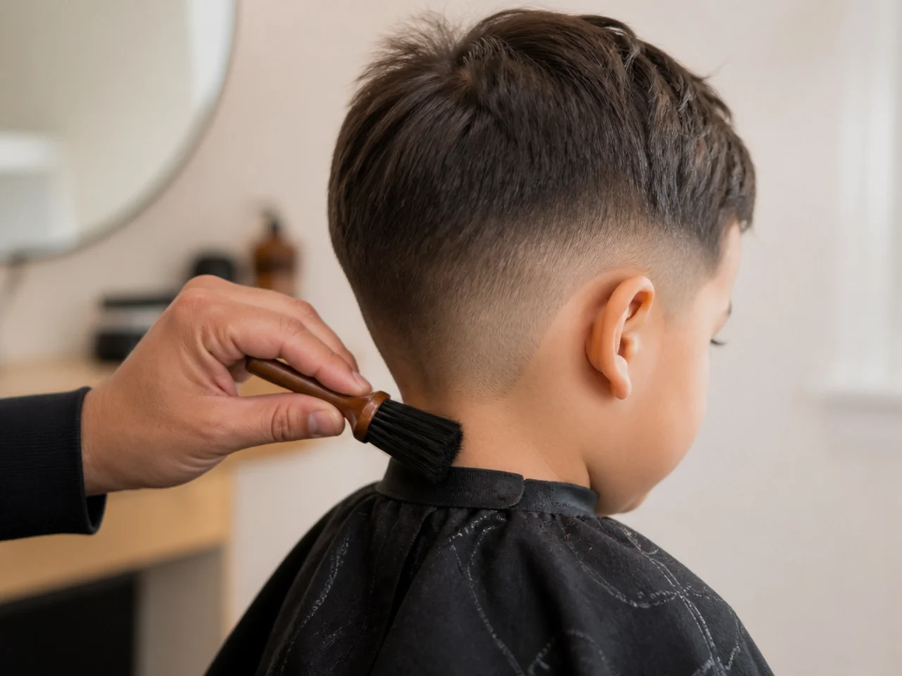 A parent brushing clippings from a toddler's neck after a haircut