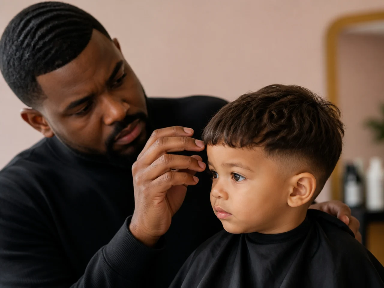 A parent looking at a toddler's fringe before cutting
