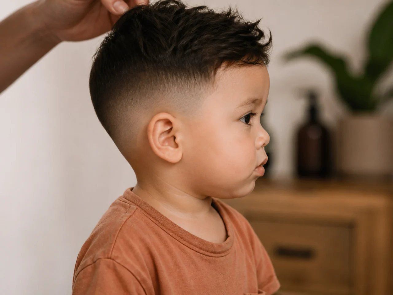 A toddler in an old t-shirt ready for a haircut