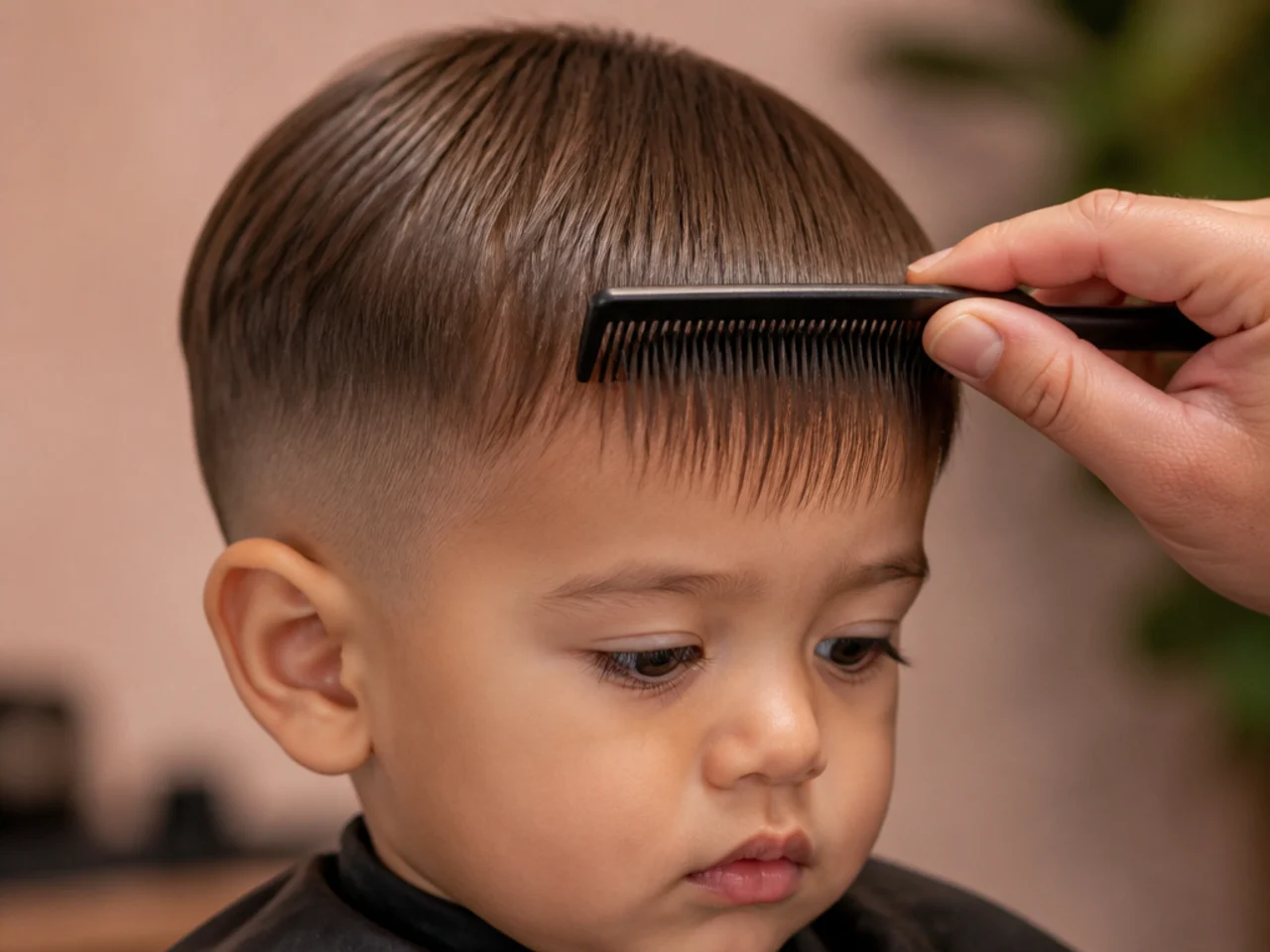 A toddler's fringe combed down flat over the forehead