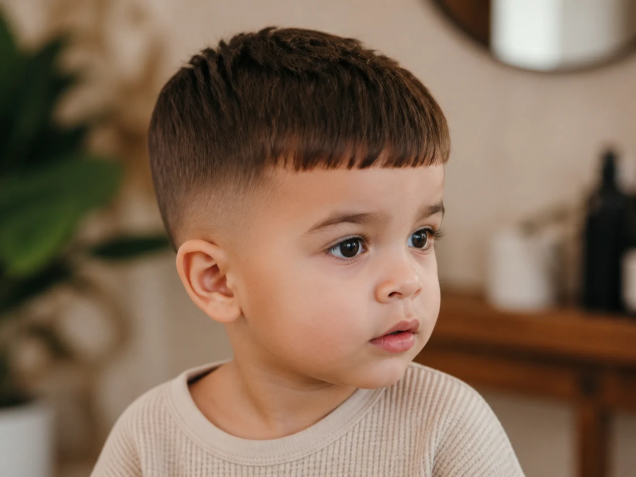 A finished toddler haircut with a blunt fringe and short sides