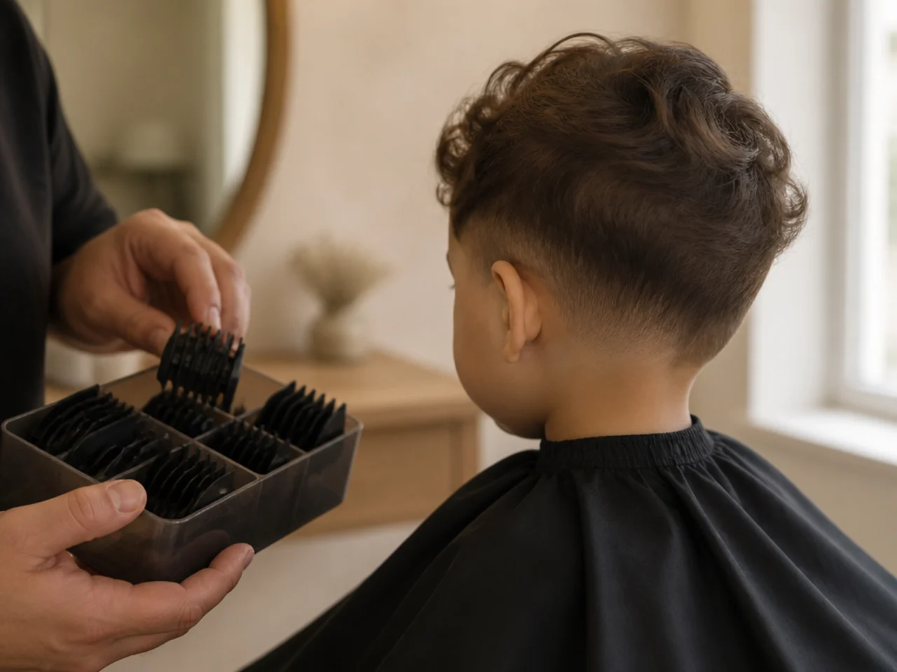 A parent choosing a clipper guard before a toddler haircut