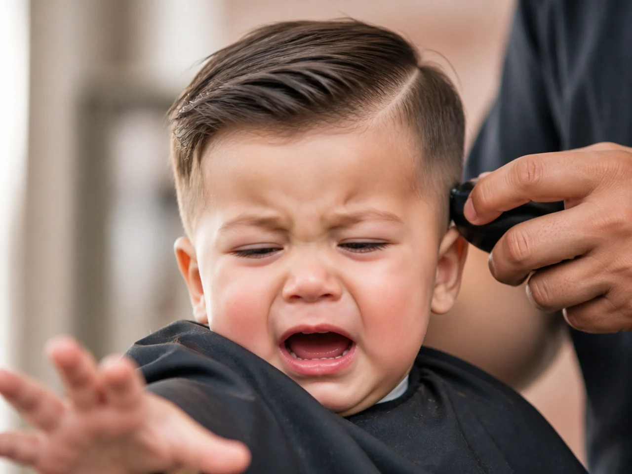 A toddler pulling away during a haircut