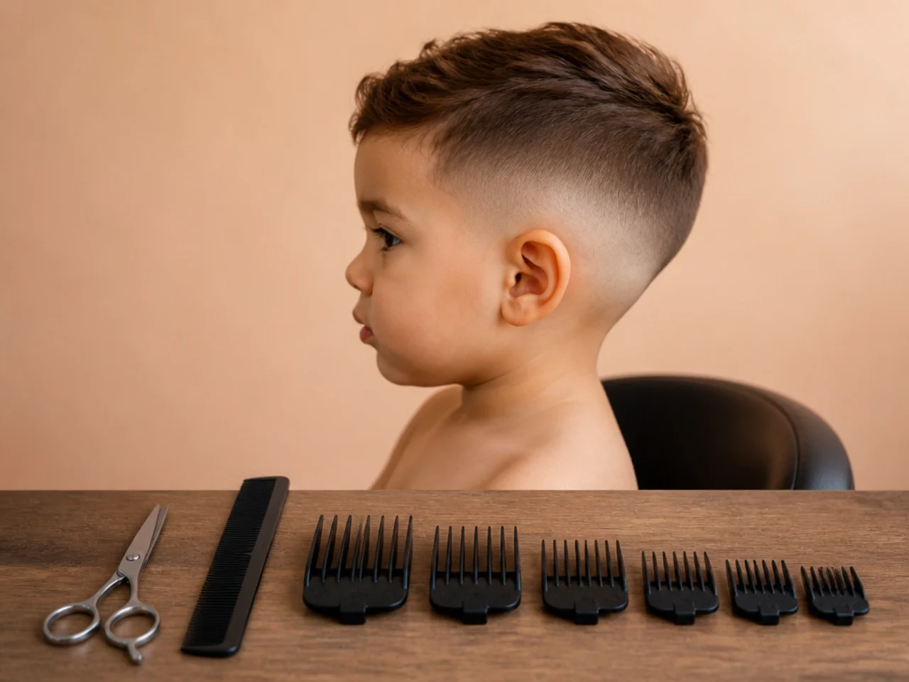 Scissors, comb and clipper guards laid out in order