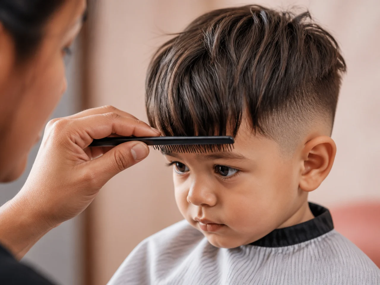 A parent checking a toddler's fringe length with a comb