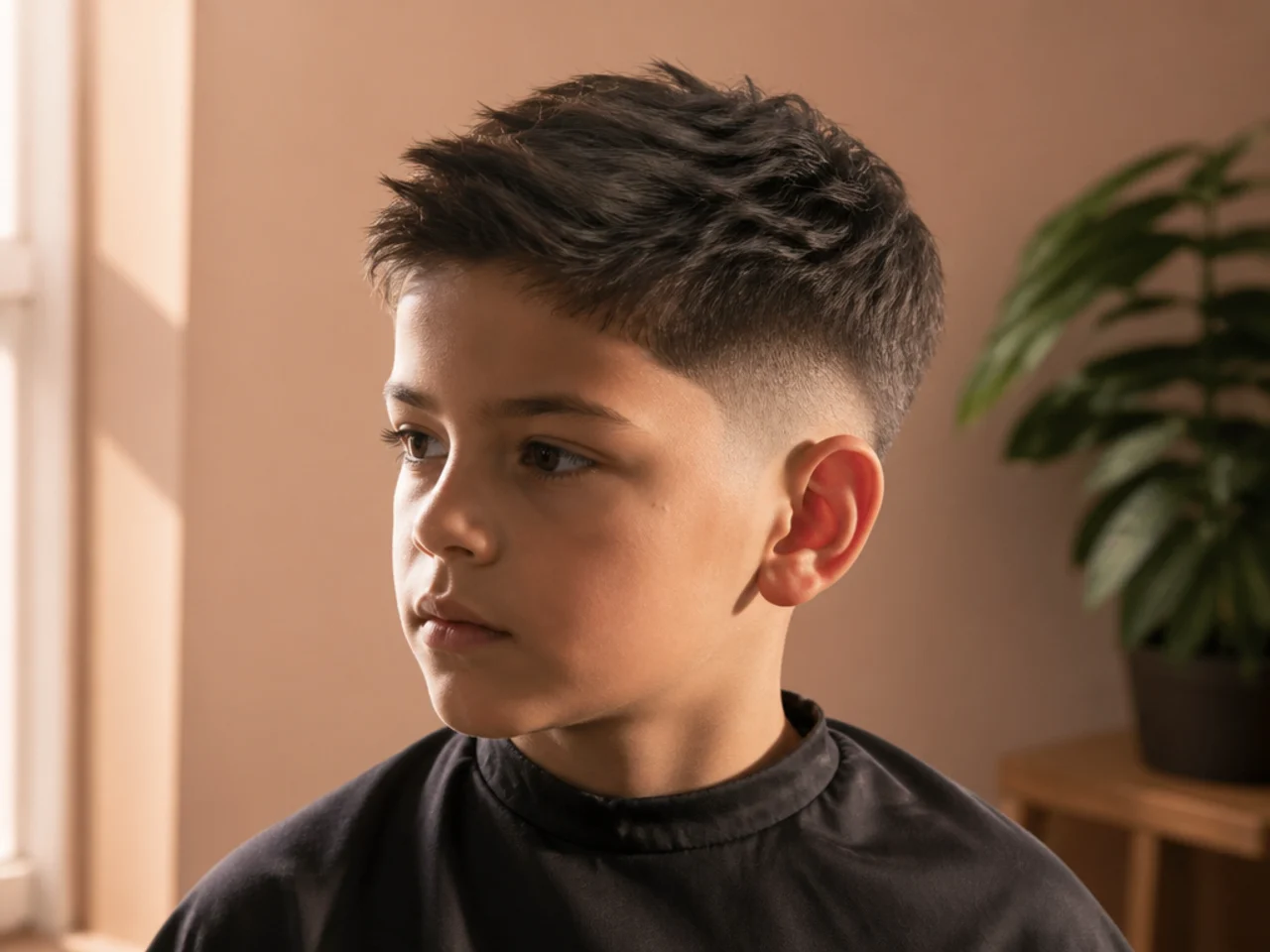 Light raking across the side of a boys freshly cut hair