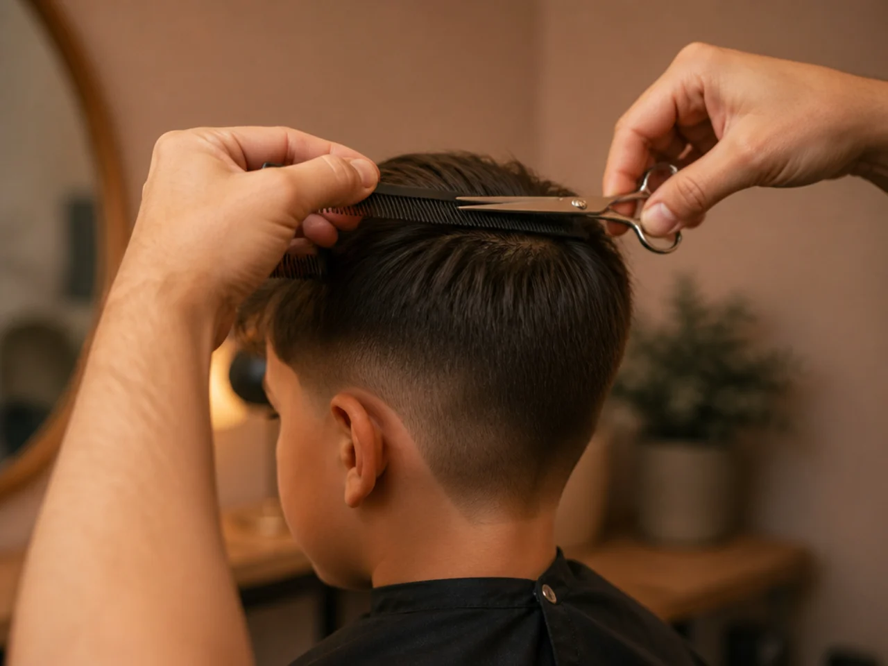 Scissors cutting over a comb on the top of a boys head