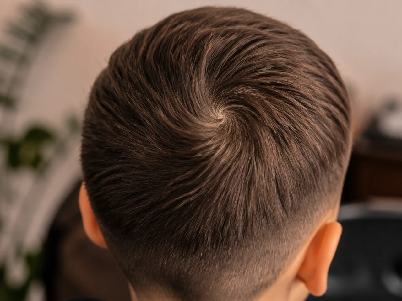 The crown whorl on the back of a boys head