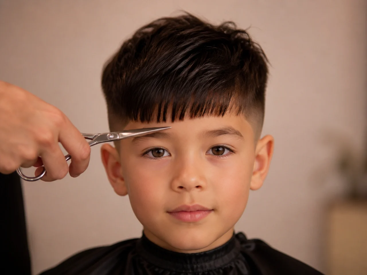 A fringe being trimmed to sit above the eyebrow