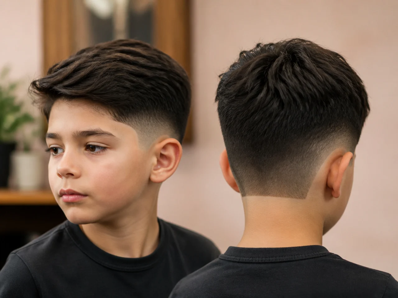 A square neckline on the back of a boys haircut