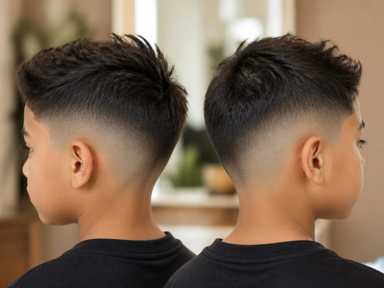 Both sides of a boys haircut viewed from behind