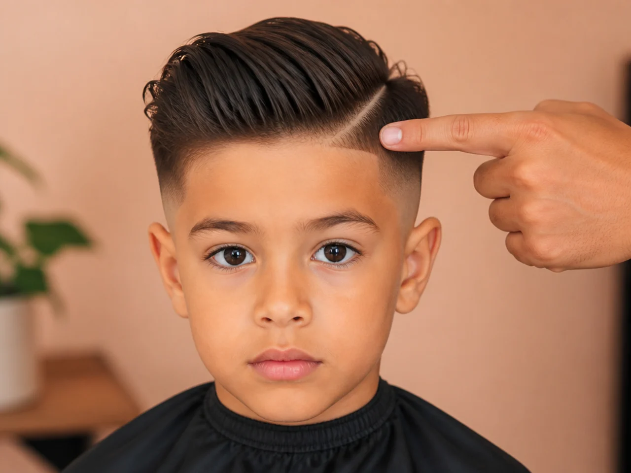 A hand indicating the line height on a boys head above the temple
