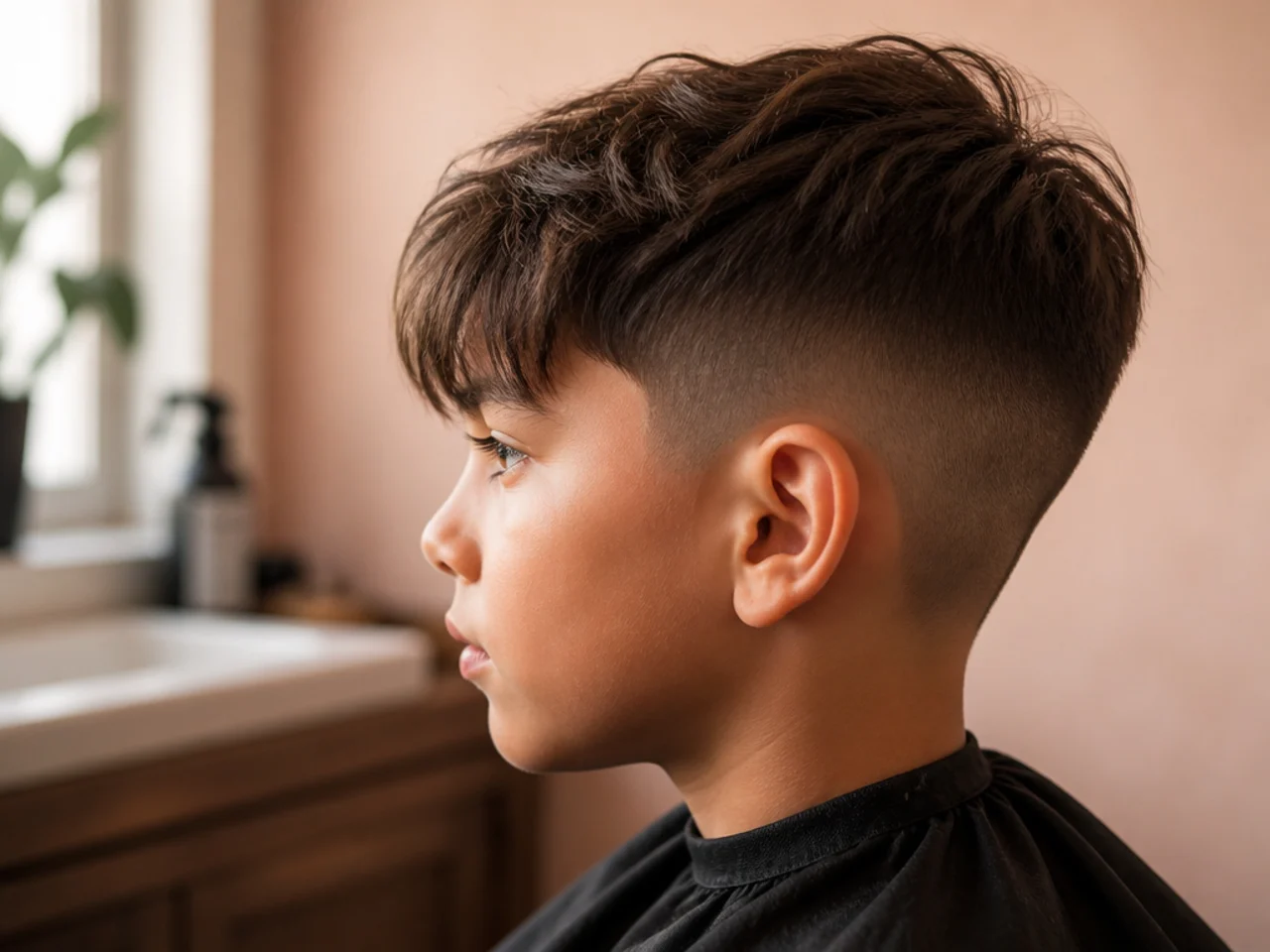 Hair on top falling over the corner of the head above shorter sides
