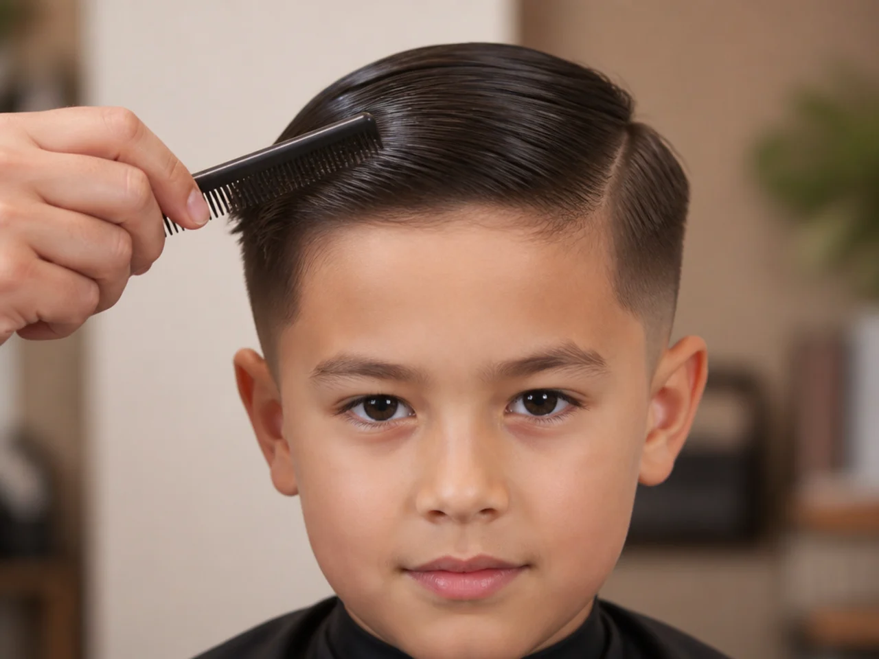 A comb pulling a boys hair flat down the side of the head