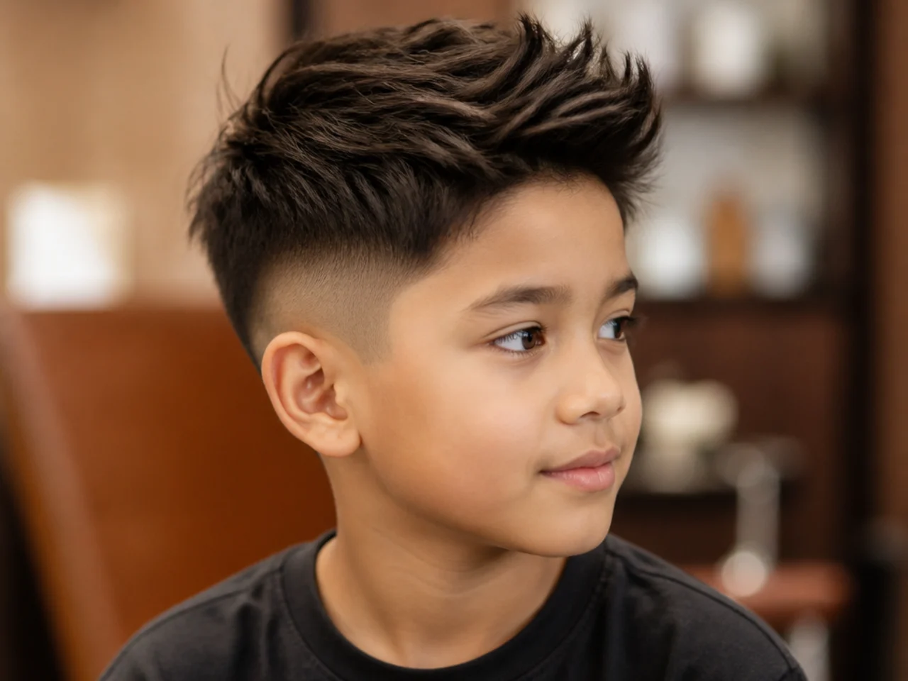 A finished trendy boys haircut viewed from the side