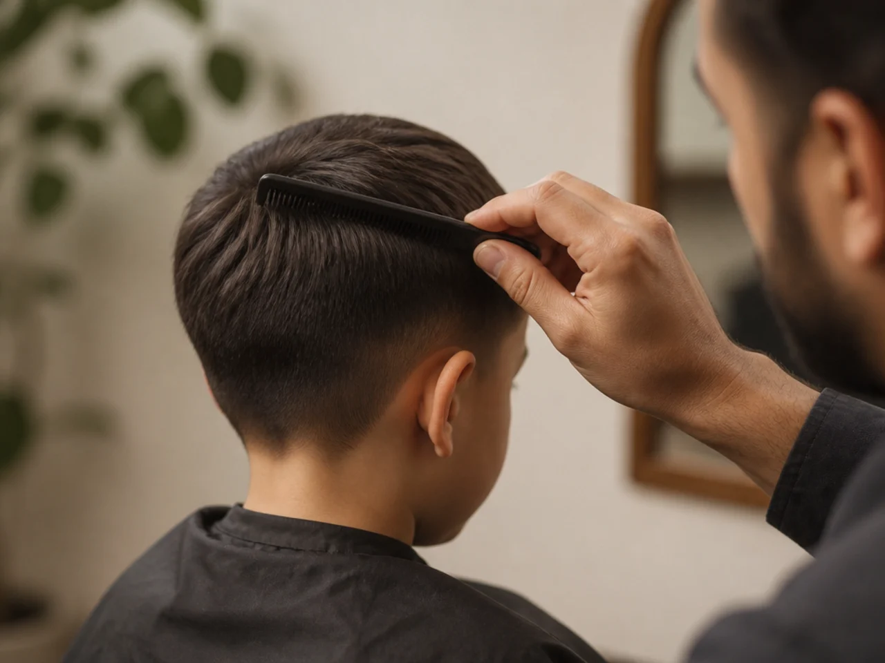A parent combing a boys hair before cutting it