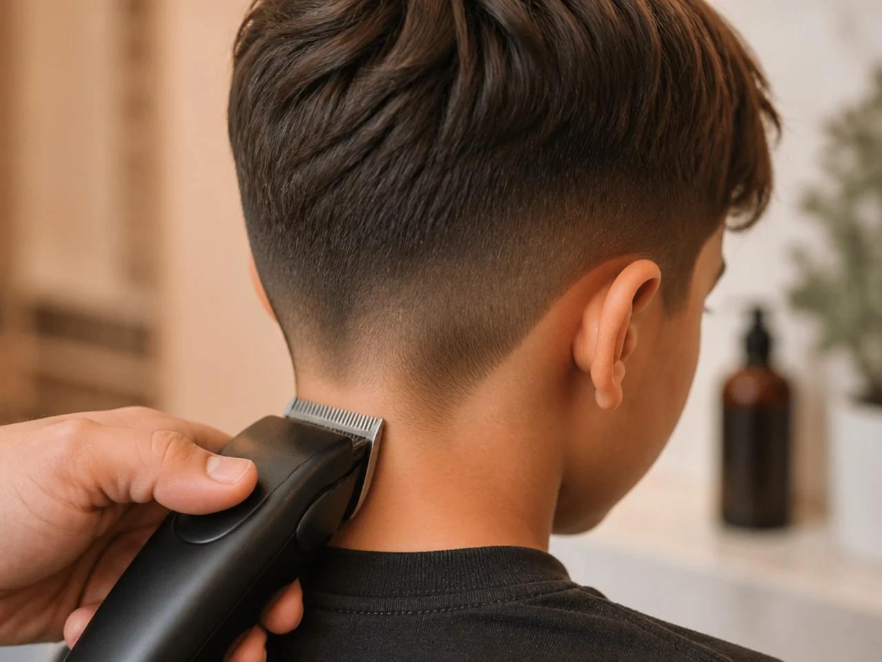 A neckline being tidied with clippers between haircuts