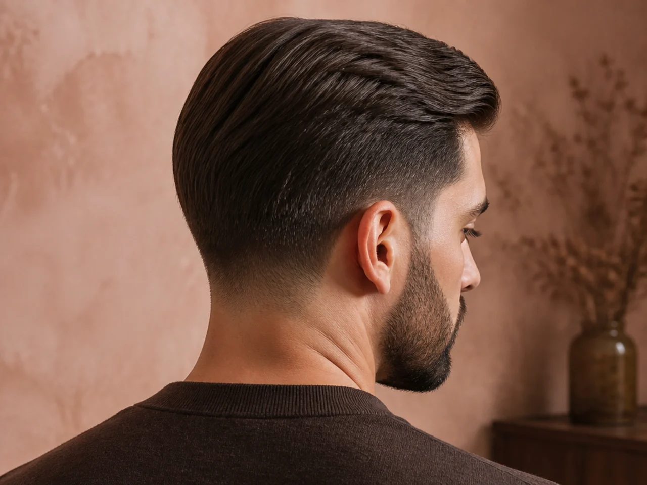 An ivy league haircut with a faded beard line