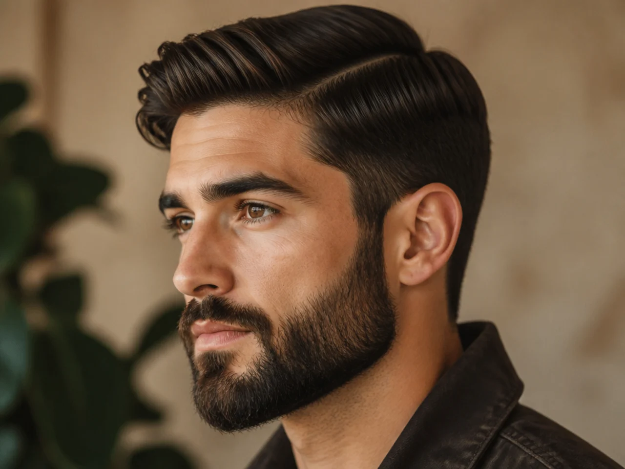 An ivy league haircut with extra top length and a full beard