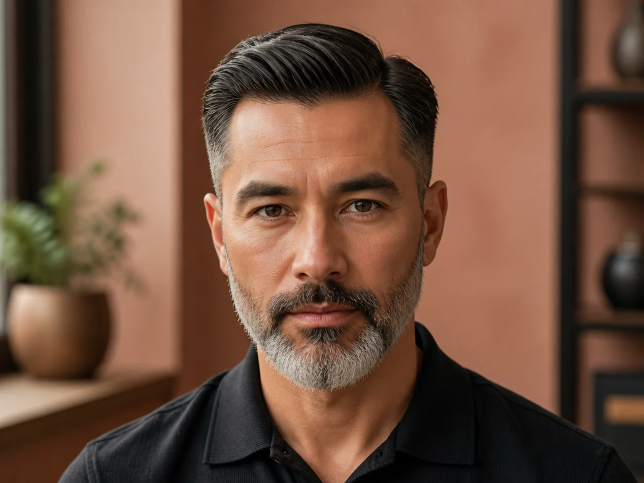 An ivy league haircut with a grey beard