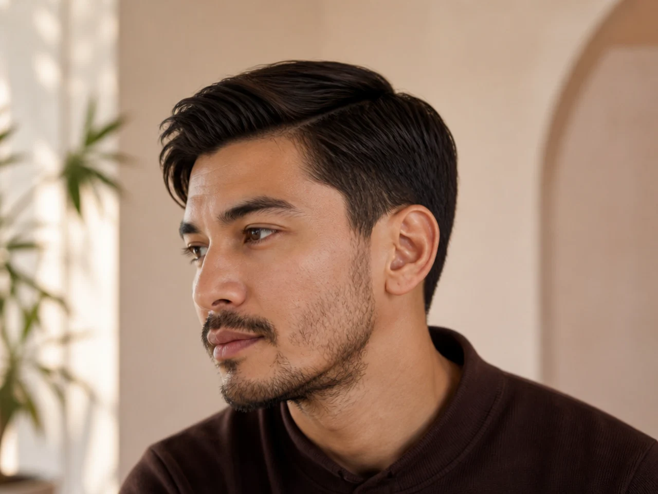 An ivy league haircut with a patchy beard