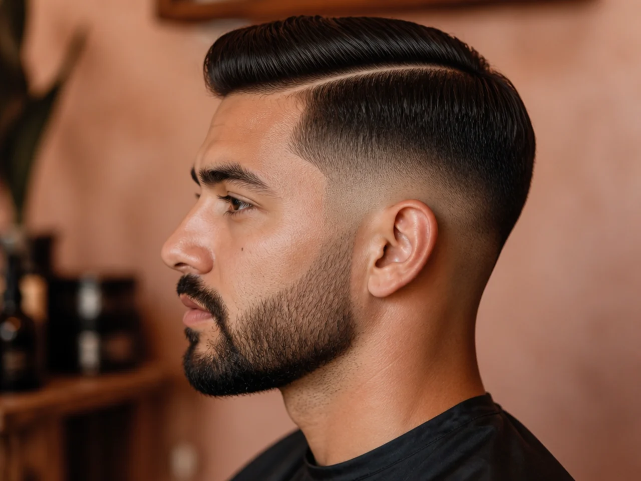 An ivy league haircut with a hard part and a beard