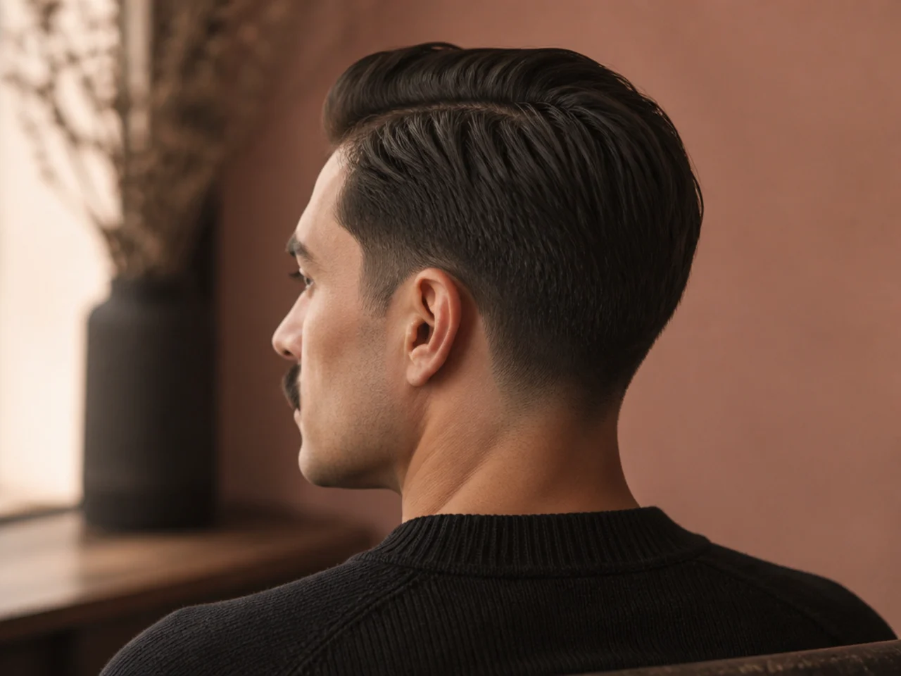 An ivy league haircut with a moustache