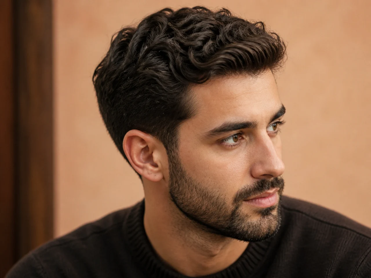 A curly ivy league haircut with a beard
