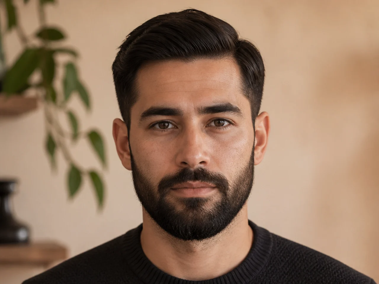 An ivy league haircut on thick hair with a beard