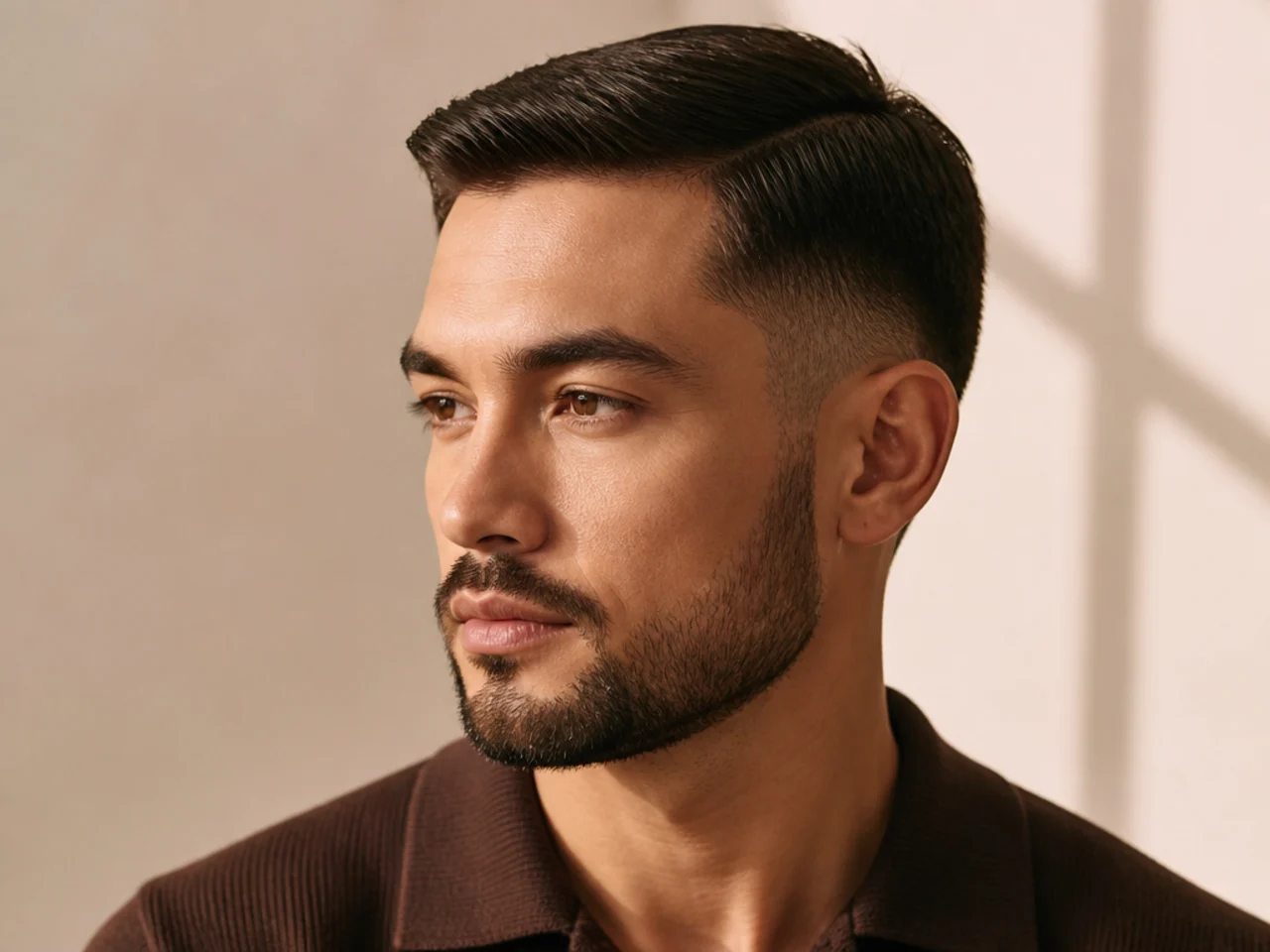 An ivy league haircut with a short boxed beard