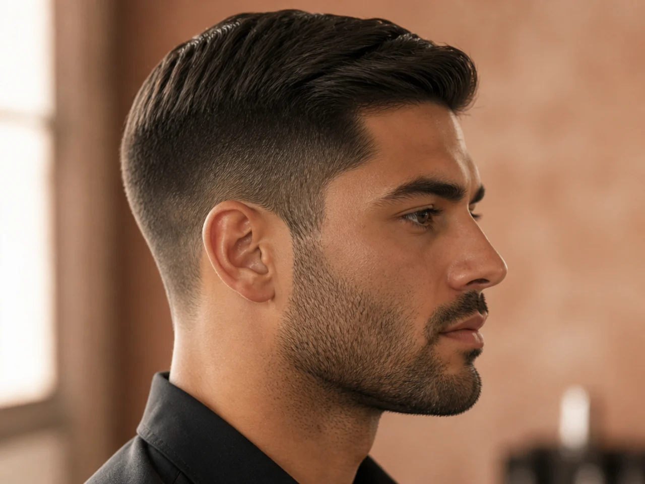 An ivy league haircut with heavy stubble