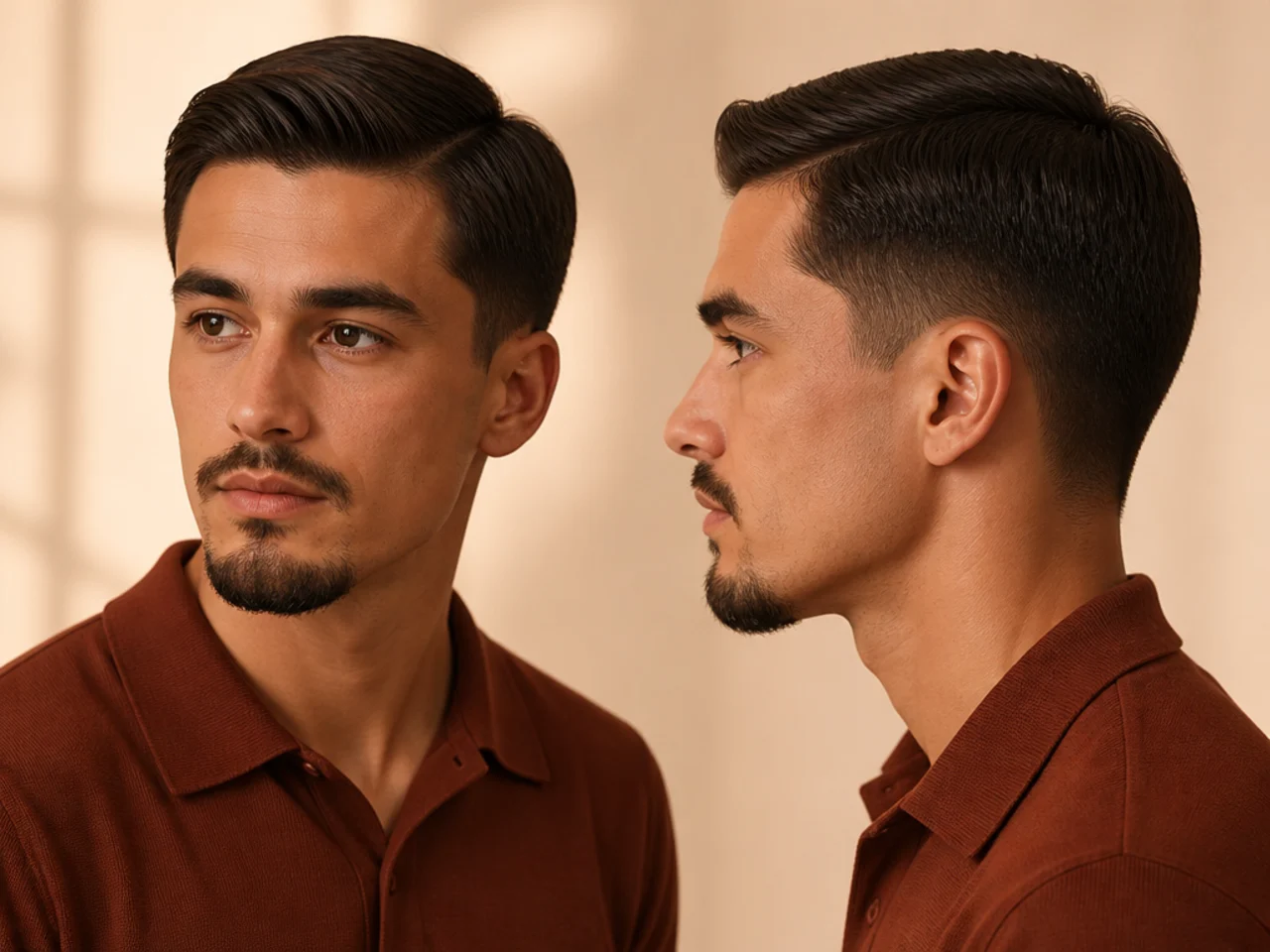 An ivy league haircut with a goatee