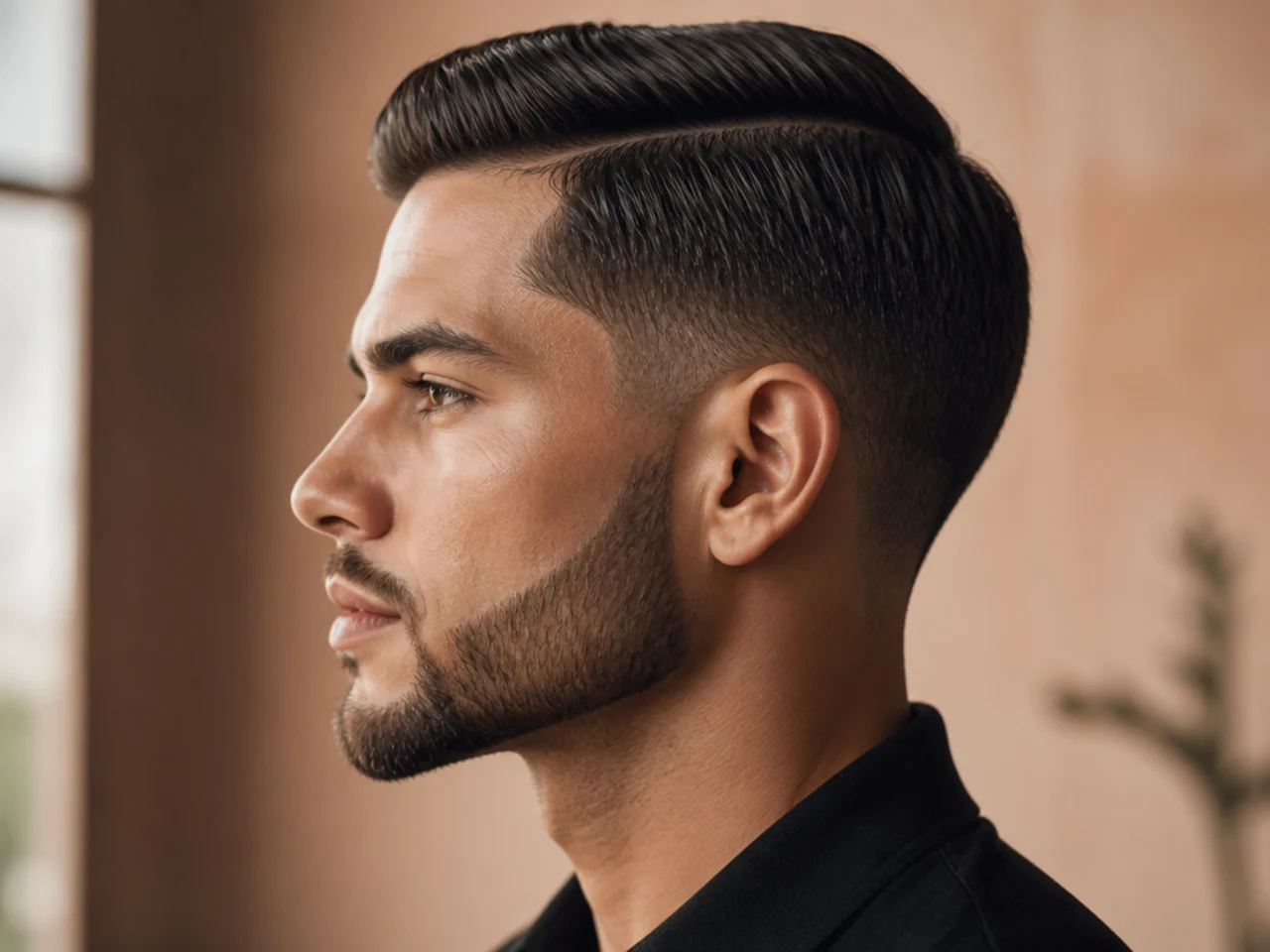 An ivy league haircut with a chin strap beard