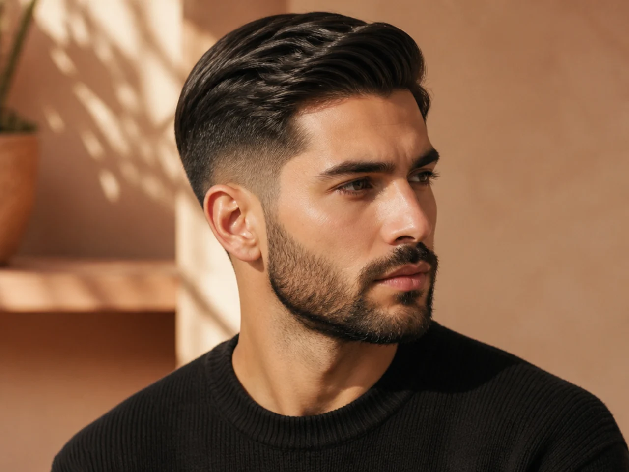 Three-quarter view of an ivy league haircut with a beard