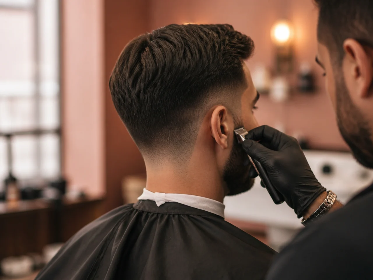 A barber blending a taper into a beard at the sideburn