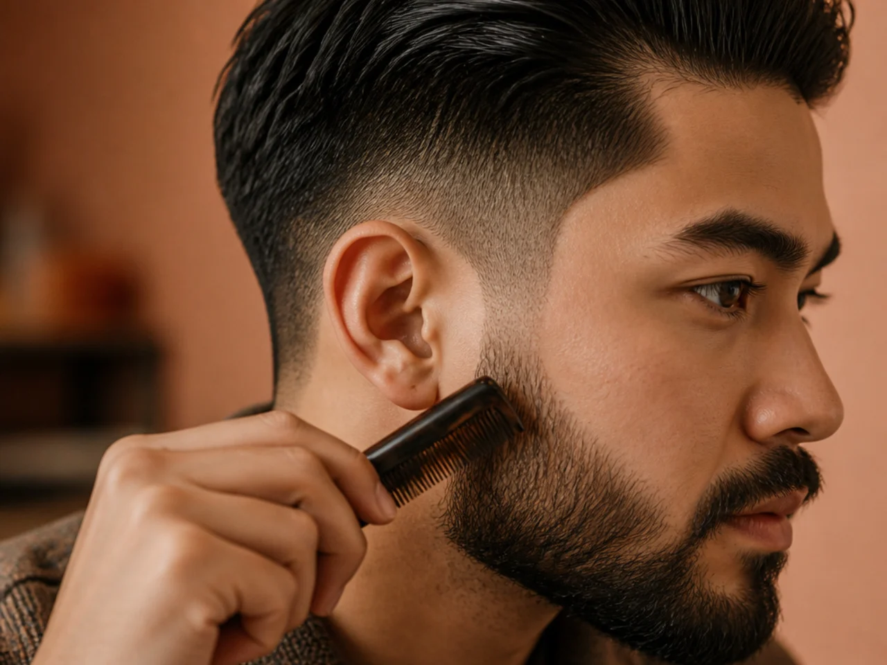 A beard being combed at the sideburn join