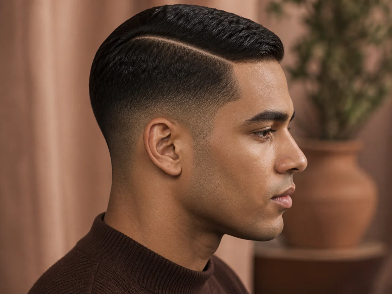 An ivy league haircut with a curved hard part