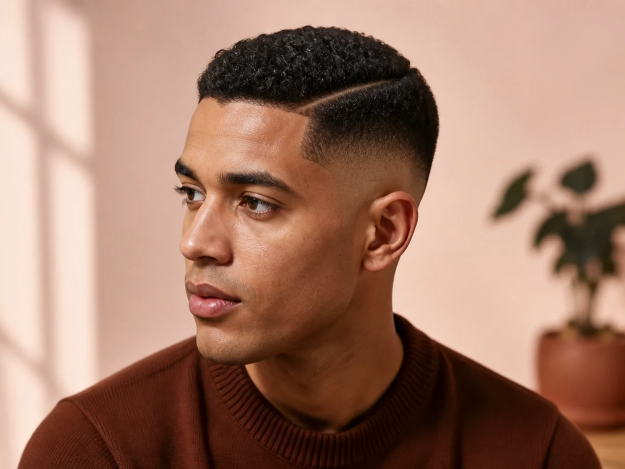 Three-quarter view of an ivy league haircut with a hard part