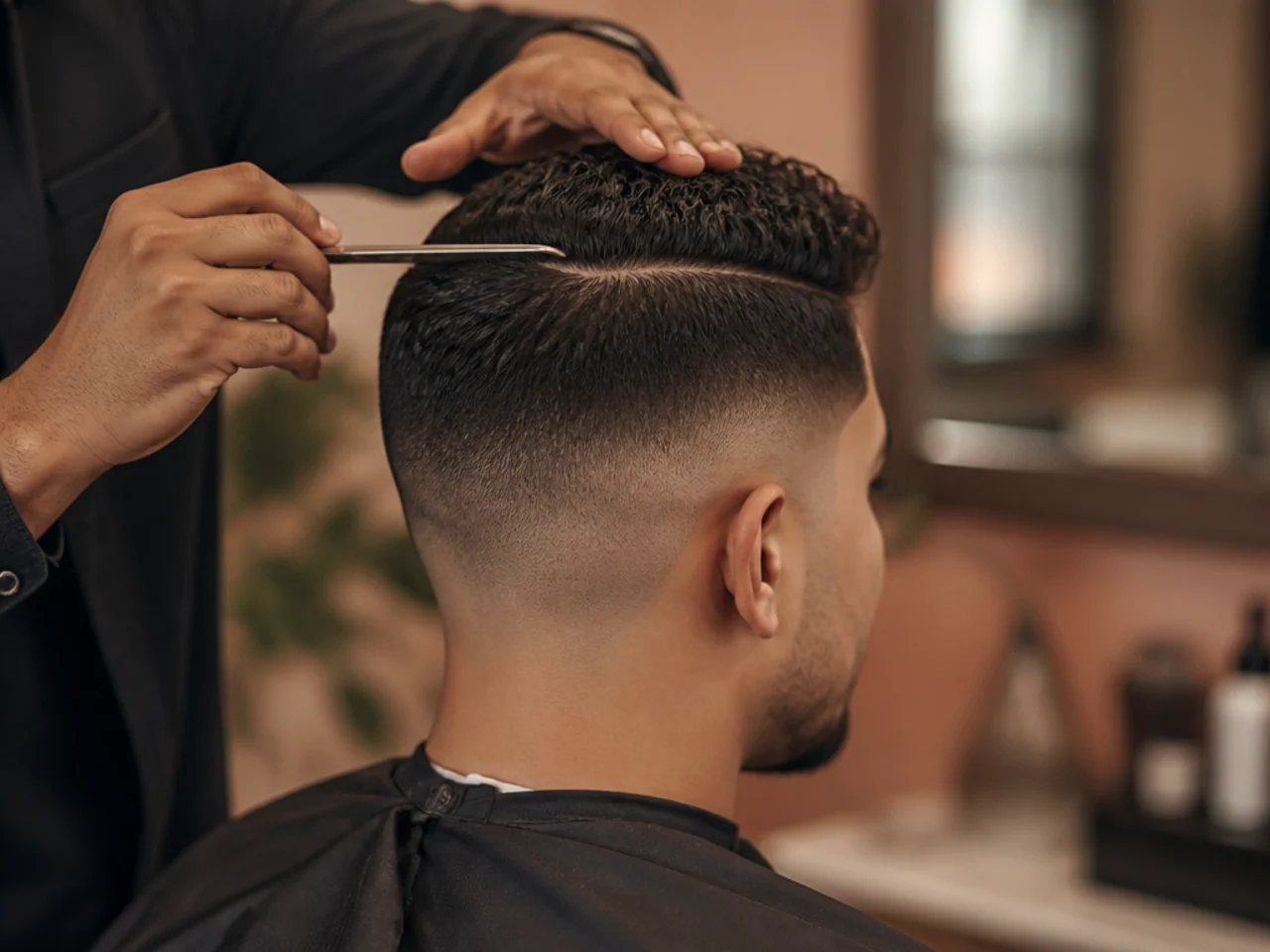 A barber marking the part line before cutting