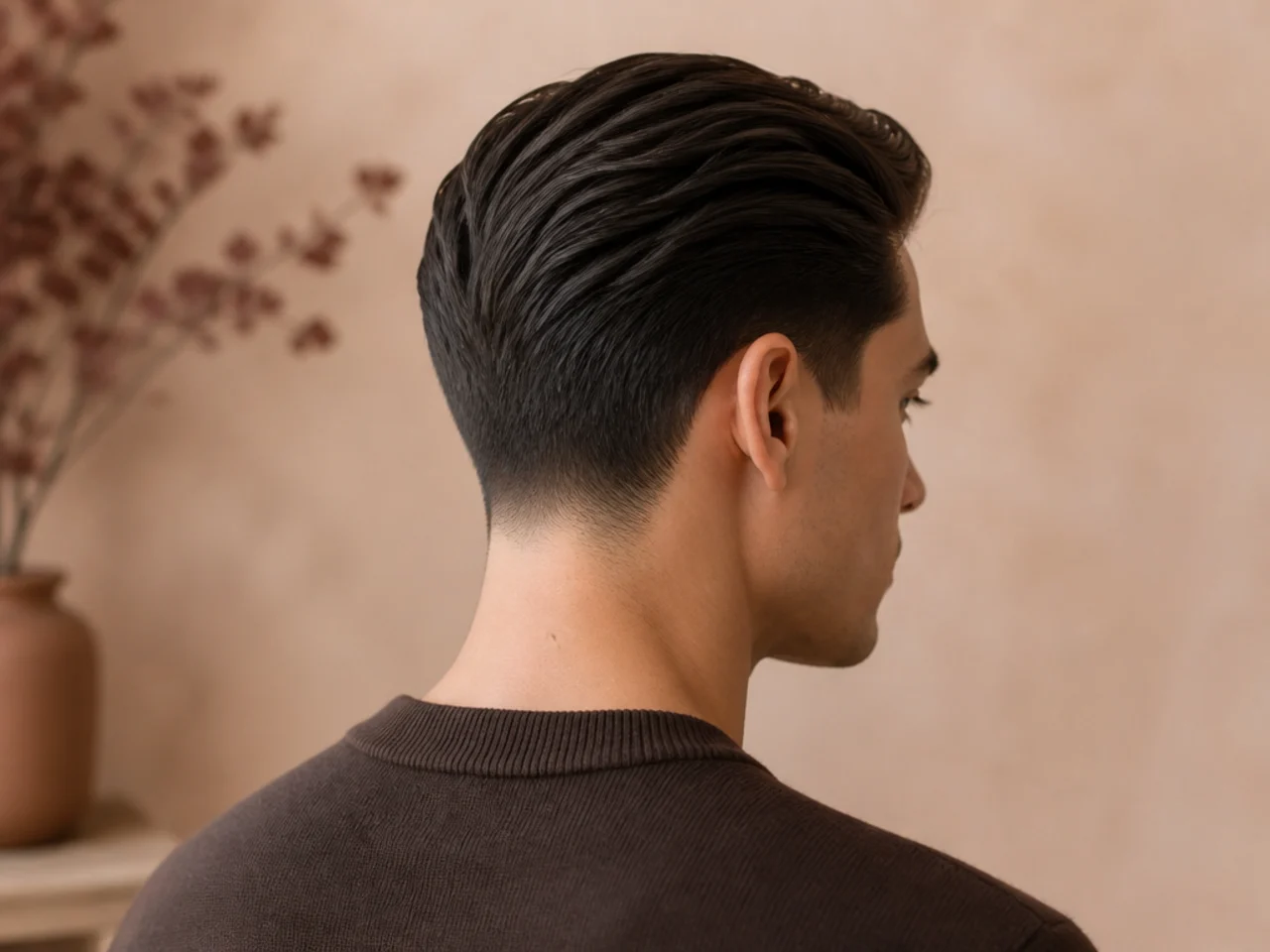 An ivy league combed back rather than parted