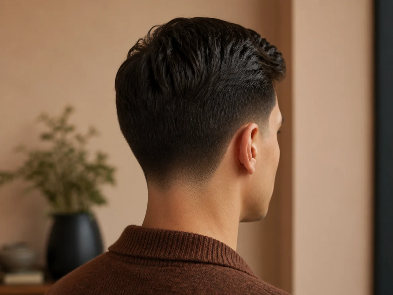 A front-on haircut photo showing no part