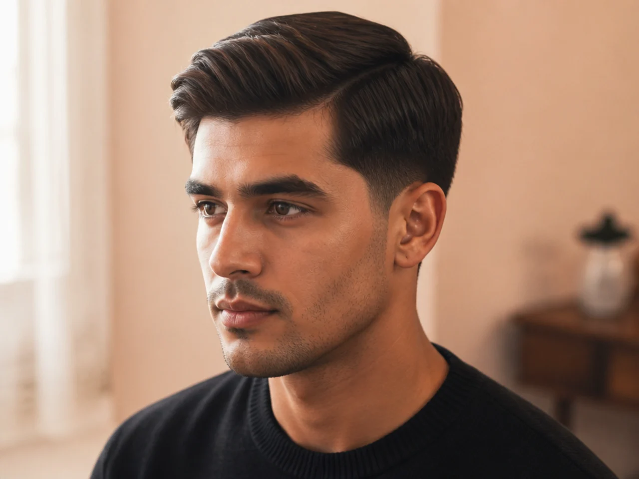 Three-quarter view of an ivy league haircut