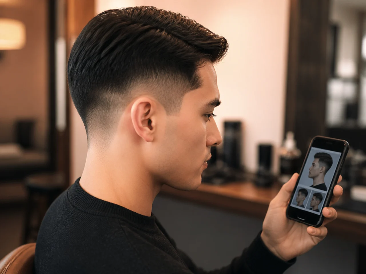 A phone showing saved haircut reference photos from the side