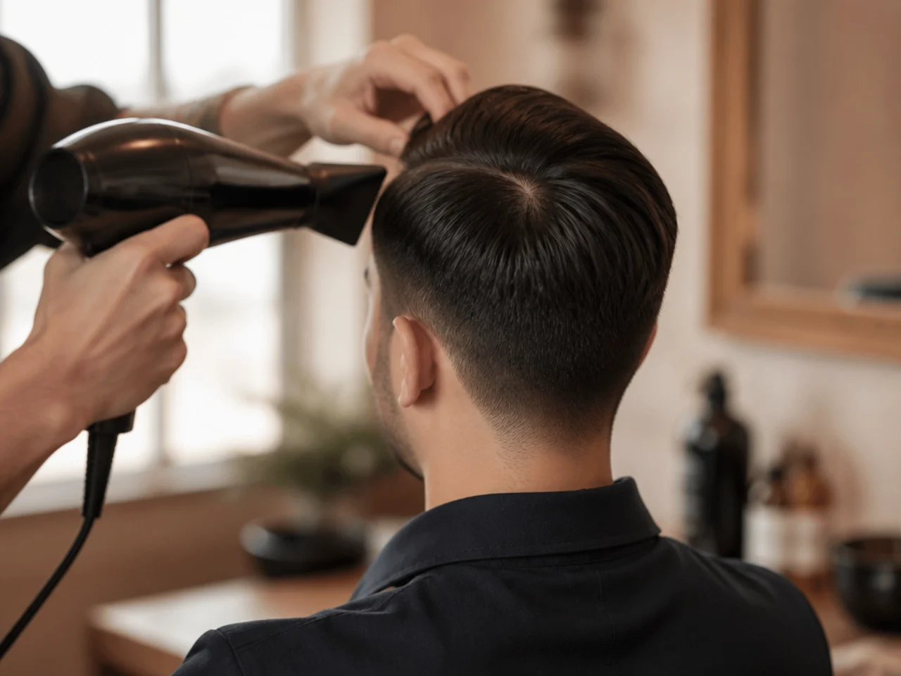 An ivy league part being set with a hairdryer