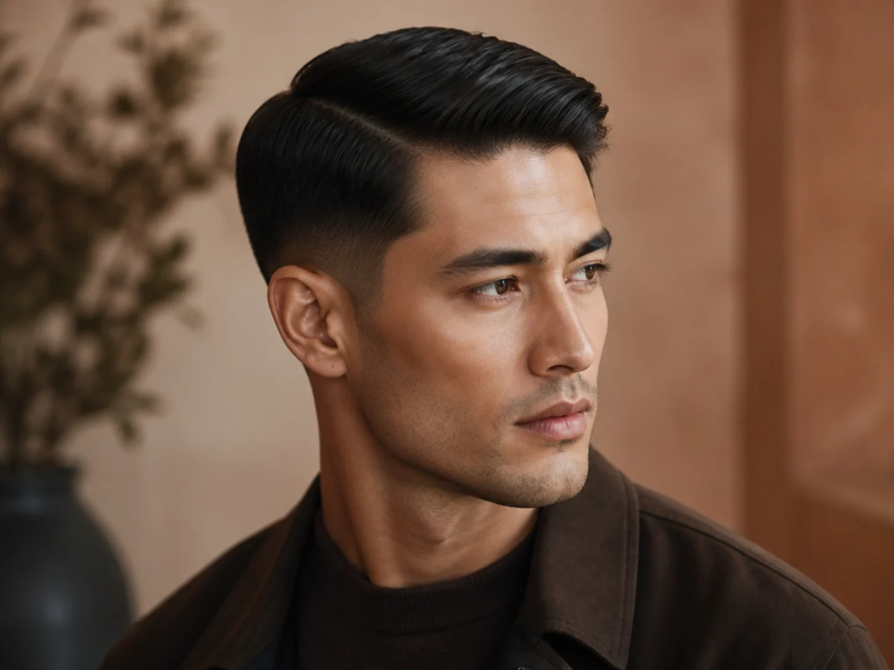 Three-quarter view of a styled ivy league haircut